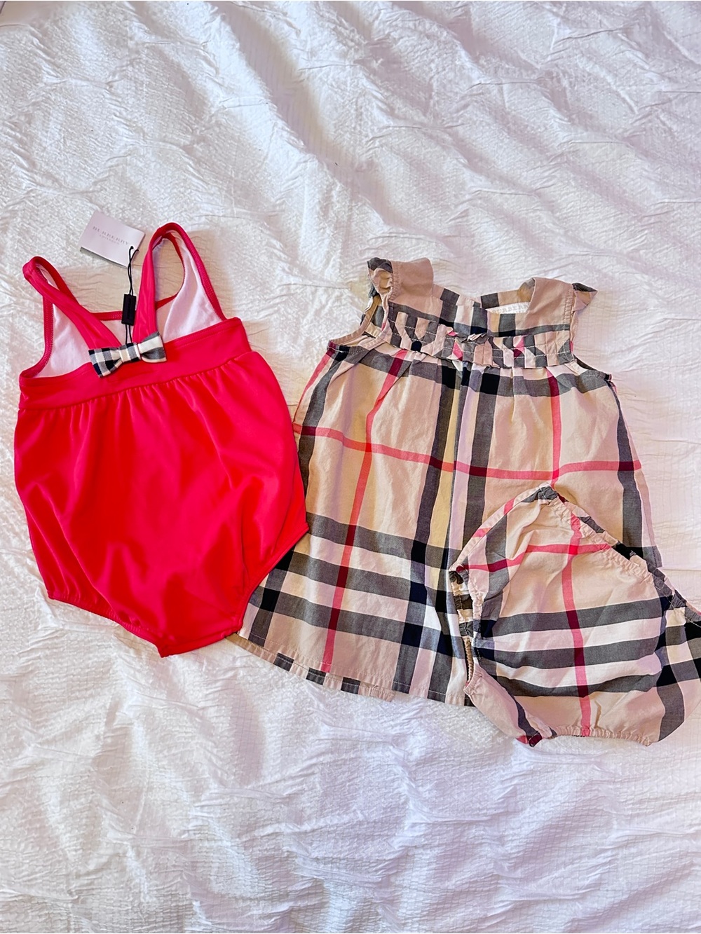 Burberry Hot Pink Swimsuit and Signature Beige Plaid Dress Set bundle